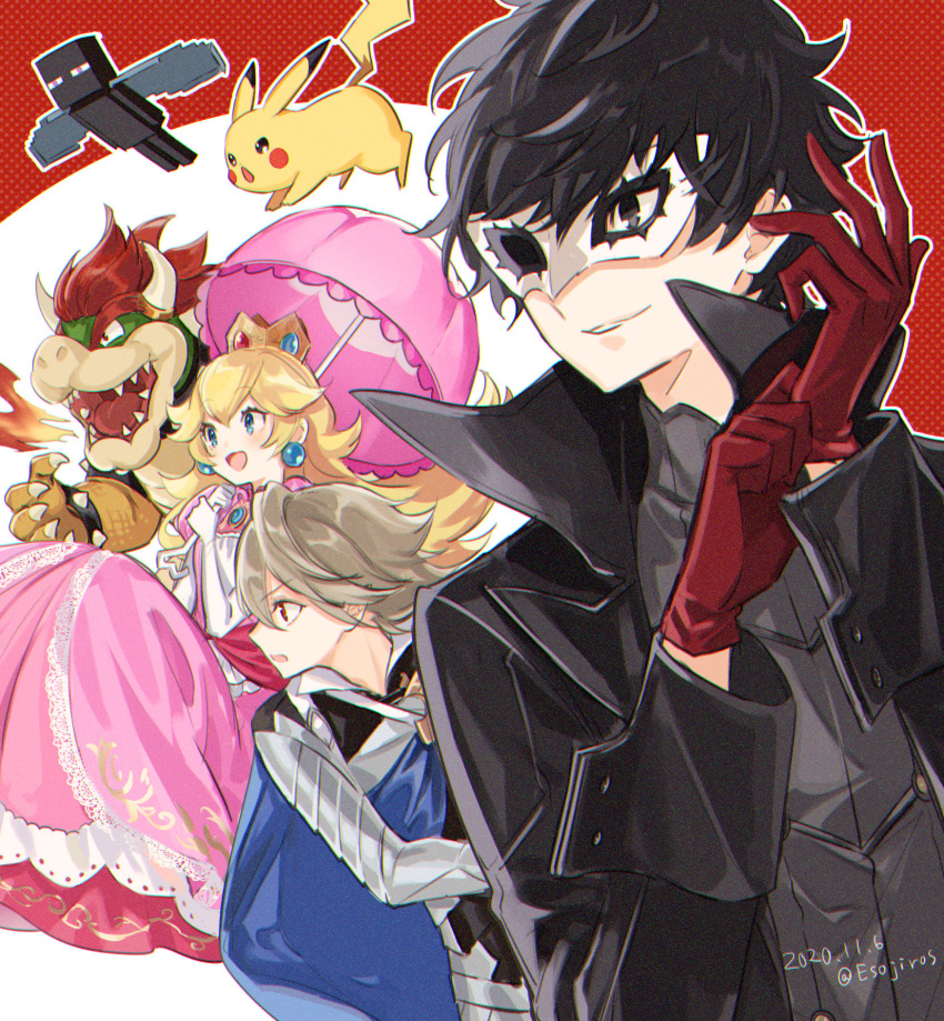 1girl 3boys adjusting_clothes adjusting_gloves bangs black_eyes black_hair black_jacket blonde_hair blush bowser breathing_fire corrin_(fire_emblem) corrin_(fire_emblem)_(male) crown dated dress earrings enderman fire fire_emblem fire_emblem_fates gen_1_pokemon gloves grey_hair highres horns jacket jewelry long_hair super_mario_bros. mask minatsuki_(lapislazzuli169) minecraft multiple_boys open_mouth parasol persona persona_5 pink_dress pointy_ears pokemon_(creature) princess_peach red_eyes red_gloves simple_background super_smash_bros. twitter_username two-tone_background umbrella wings
