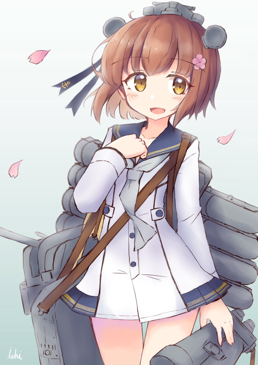 1girl :d absurdres bangs binoculars blue_sailor_collar blush brown_eyes brown_hair cannon collarbone commentary_request dress eyebrows_visible_through_hair flower gradient gradient_background grey_background grey_neckwear hair_flower hair_ornament hand_up headgear highres holding ichi kantai_collection long_sleeves looking_at_viewer open_mouth petals sailor_collar sailor_dress smile solo standing thigh_gap torpedo_tubes turret white_dress yukikaze_(kantai_collection)