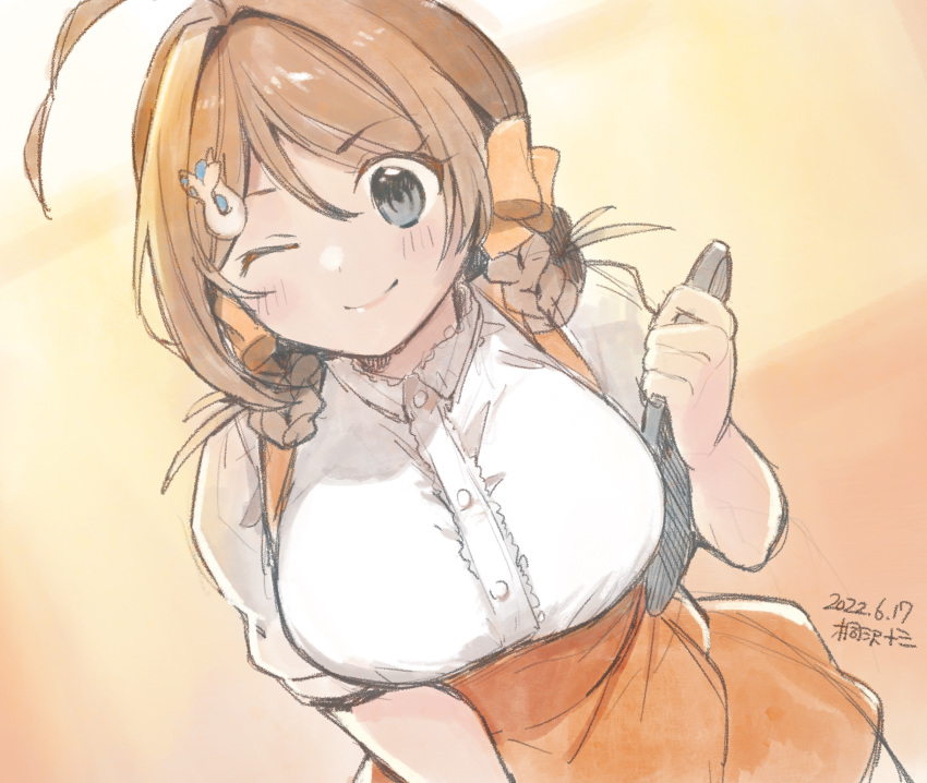 1girl ahoge alternate_costume anna_miller apron artist_name braid breasts brown_hair chougei_(kancolle) cowboy_shot dated grey_eyes hair_rings highres kantai_collection kirisawa_juuzou large_breasts long_hair looking_at_viewer one-hour_drawing_challenge one_eye_closed orange_apron orange_skirt shirt skirt solo tray twin_braids waitress white_shirt