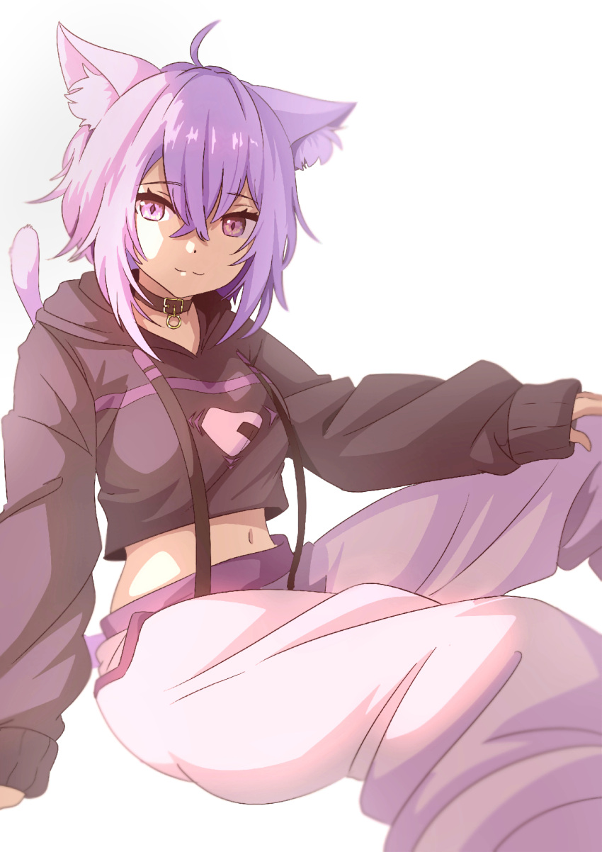 1girl animal_ears bangs breasts cat_ears cat_girl cat_tail collar cropped_hoodie eyebrows_visible_through_hair hair_between_eyes highres hololive hood hoodie light_smile long_sleeves looking_at_viewer medium_breasts midriff navel nekomata_okayu pants purple_hair purple_legwear rune_(rondeseo) solo suspenders sweatpants tail violet_eyes virtual_youtuber white_background