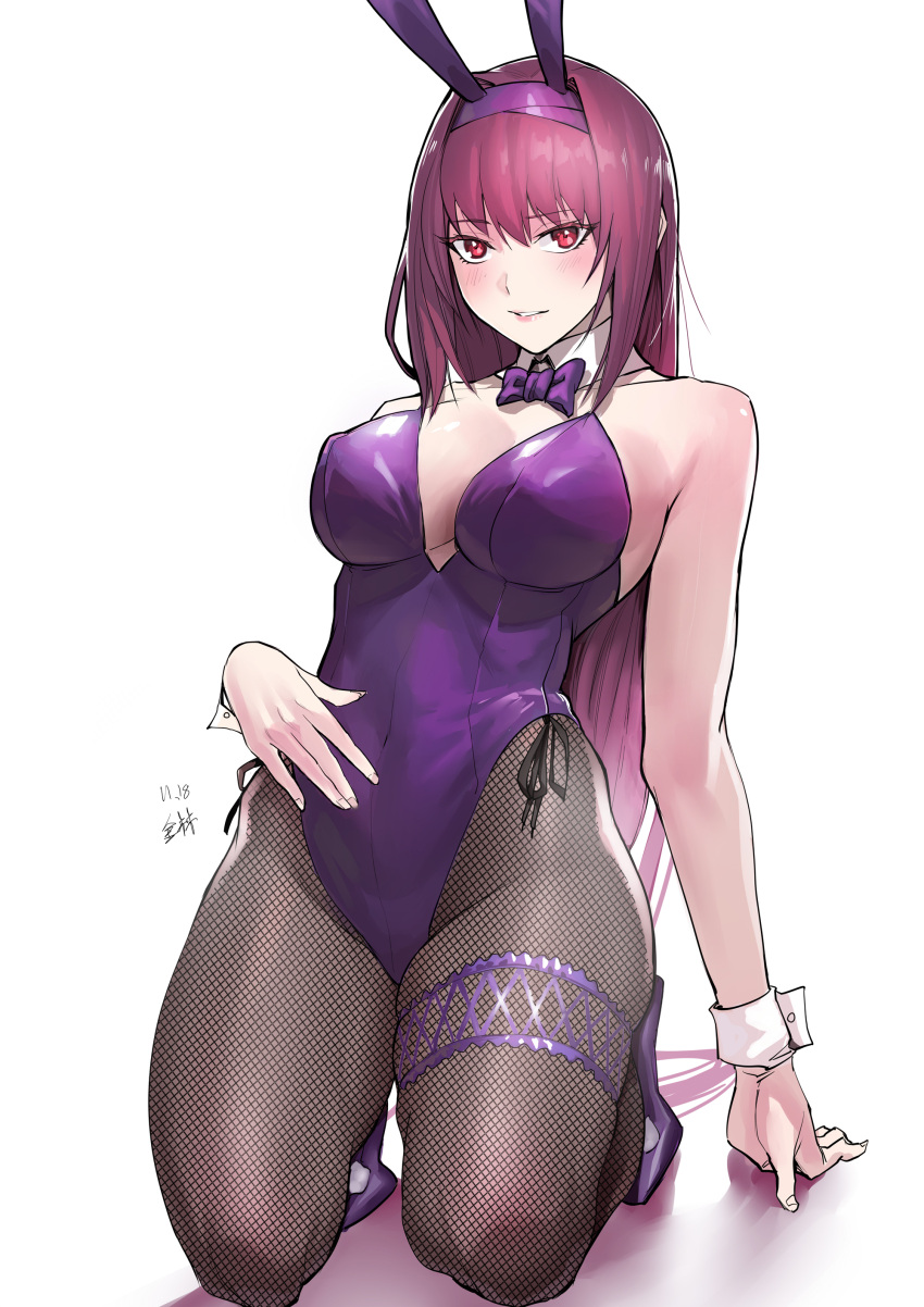 1girl absurdres animal_ears detached_collar fake_animal_ears fate/grand_order fate_(series) fishnet_legwear fishnets hairband highleg highleg_leotard highres jinlin leotard long_hair piercing_bunny playboy_bunny purple_hair purple_hairband purple_leotard purple_neckwear rabbit_ears red_eyes scathach_(fate)_(all) scathach_(fate/grand_order) strapless strapless_leotard very_long_hair wrist_cuffs