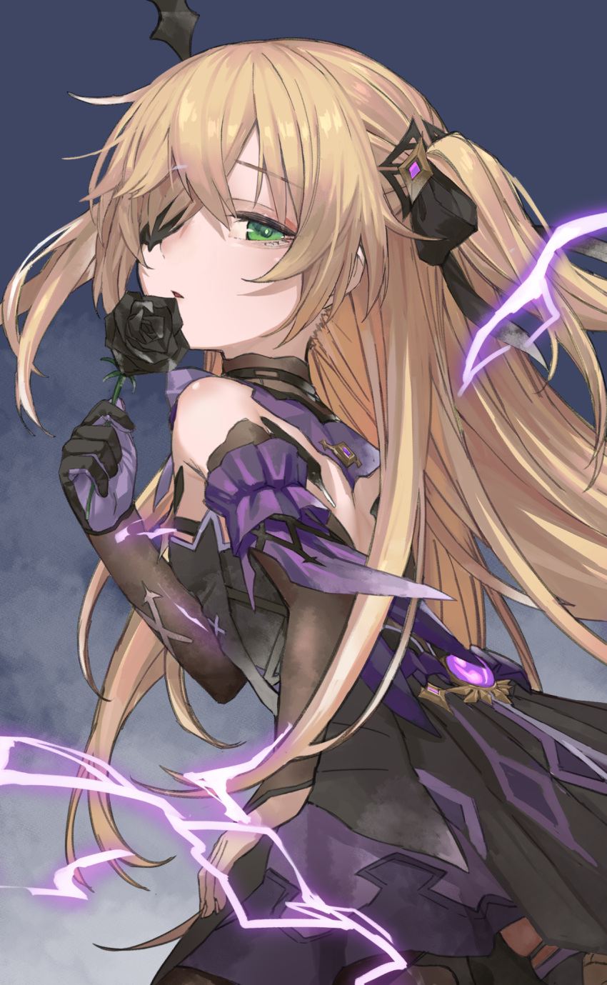 1girl bangs black_flower black_gloves black_rose blonde_hair breasts electricity eyebrows_behind_hair eyebrows_visible_through_hair eyepatch fischl_(genshin_impact) flower genshin_impact gloves green_eyes hand_on_own_thigh highres holding holding_flower looking_back metsurin one_eye_covered parted_lips rose single_glove small_breasts solo two_side_up