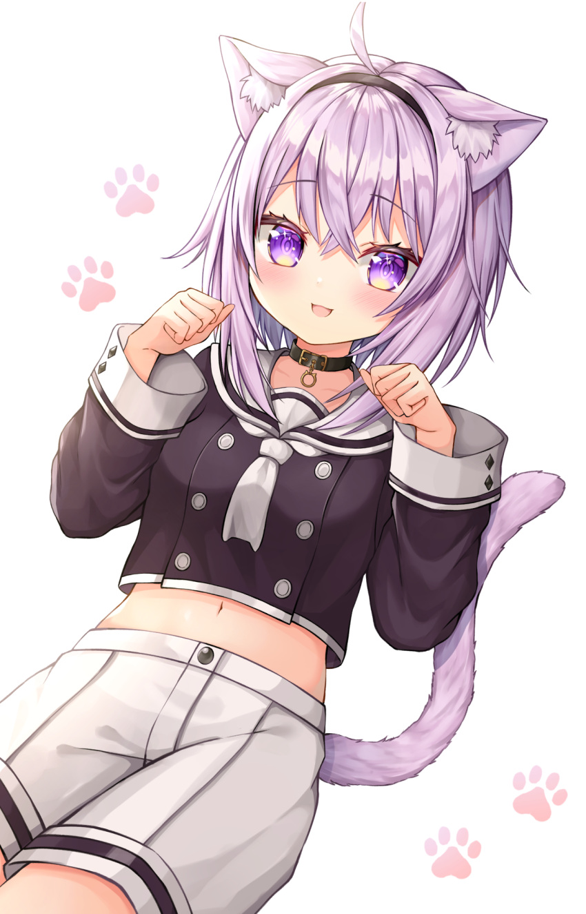 1girl :d ahoge animal_ear_fluff animal_ears bangs black_collar black_hairband black_shirt blush breasts cat_ears cat_girl cat_tail collar commentary_request crop_top eyebrows_visible_through_hair hair_between_eyes hairband hands_up highres hololive long_sleeves looking_at_viewer midriff navel nekomata_okayu open_mouth purple_hair sailor_collar shichi_(tarakochan-medo) shirt short_shorts shorts simple_background small_breasts smile solo tail tail_raised violet_eyes virtual_youtuber white_background white_sailor_collar white_shorts