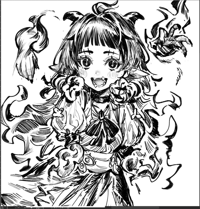 1girl ahoge blush blush_stickers choker fangs fiery_hair fingernails fire greyscale hatching_(texture) highres horns long_fingernails long_hair maido_mido monochrome monster_girl open_mouth original pointy_ears puffy_sleeves sharp_fingernails simple_background sketch slit_pupils smile solo stitches teeth tongue white_background