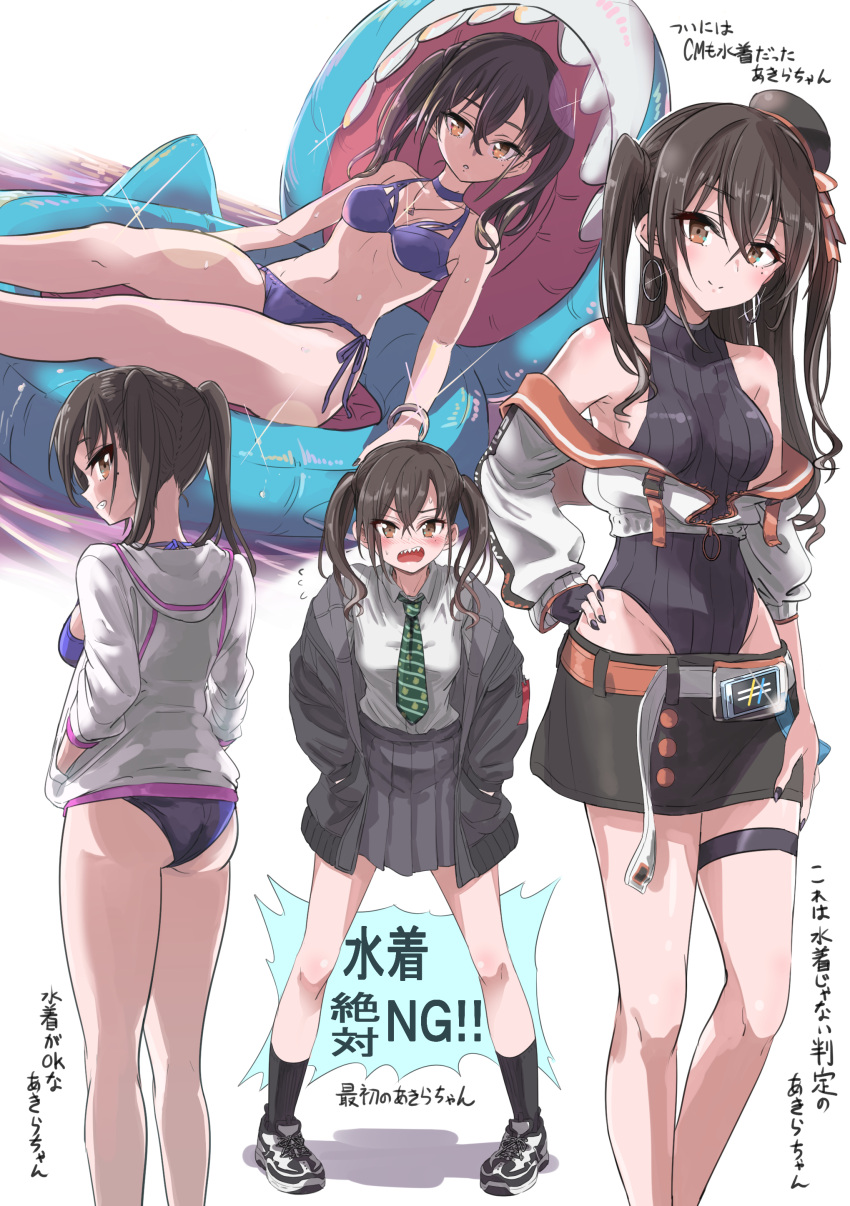 1girl absurdres ass bikini black_bikini black_gloves black_jacket black_legwear black_leotard black_nails black_skirt breasts collared_shirt commentary_request cropped_jacket diagonal-striped_neckwear diagonal_stripes fingerless_gloves gloves green_neckwear grey_skirt highres hood hood_down hooded_jacket idolmaster idolmaster_cinderella_girls innertube jacket leotard long_sleeves medium_breasts multiple_views nail_polish necktie off_shoulder open_clothes open_jacket pigeon-toed pizzasi pleated_skirt puffy_long_sleeves puffy_sleeves purple_bikini ribbed_leotard shadow shirt shoes single_glove skirt socks standing striped striped_neckwear sunazuka_akira swimsuit thigh_strap translation_request water white_background white_footwear white_jacket white_shirt