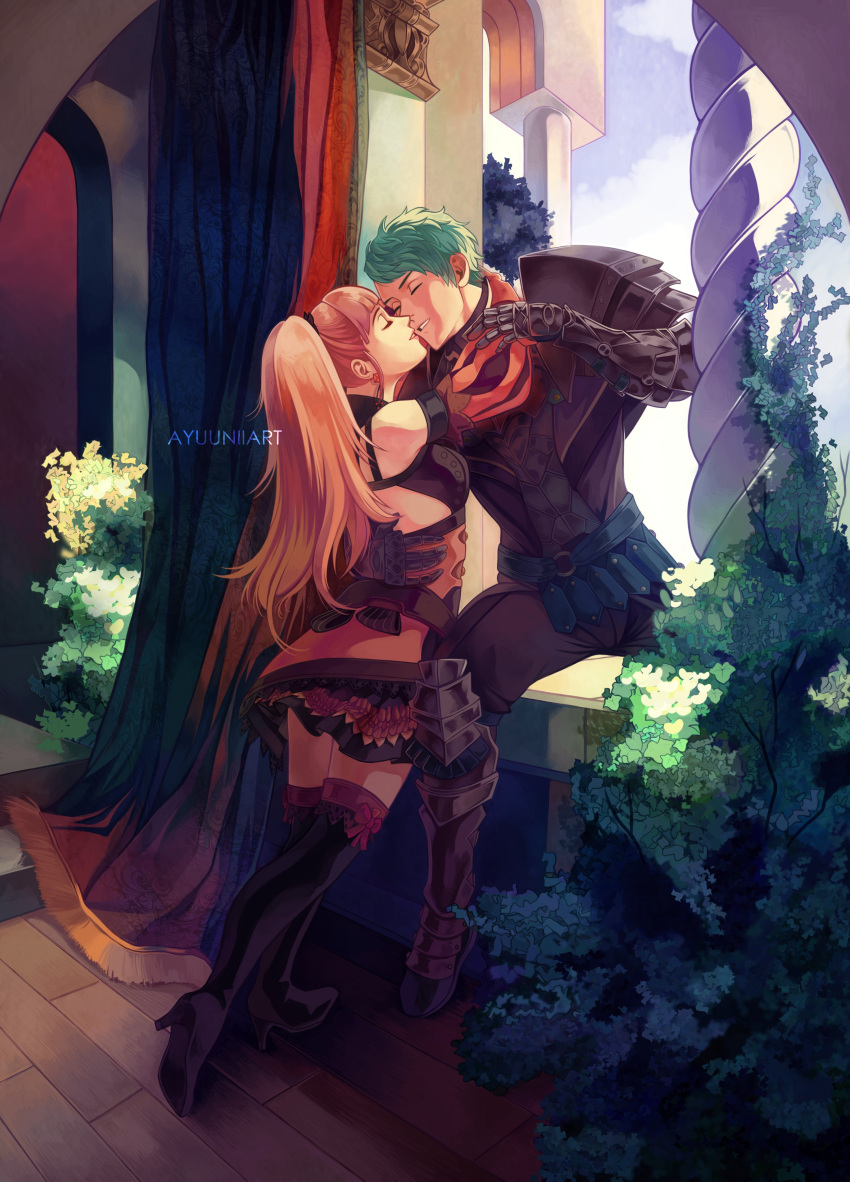 1boy 1girl absurdres armor artist_name ayuuniiart balcony boots caspar_von_bergliez commission english_commentary fine_art_parody fire_emblem fire_emblem:_three_houses highres hilda_valentine_goneril hug imminent_kiss juliet_capulet older parody romeo_and_juliet romeo_montague thigh-highs thigh_boots