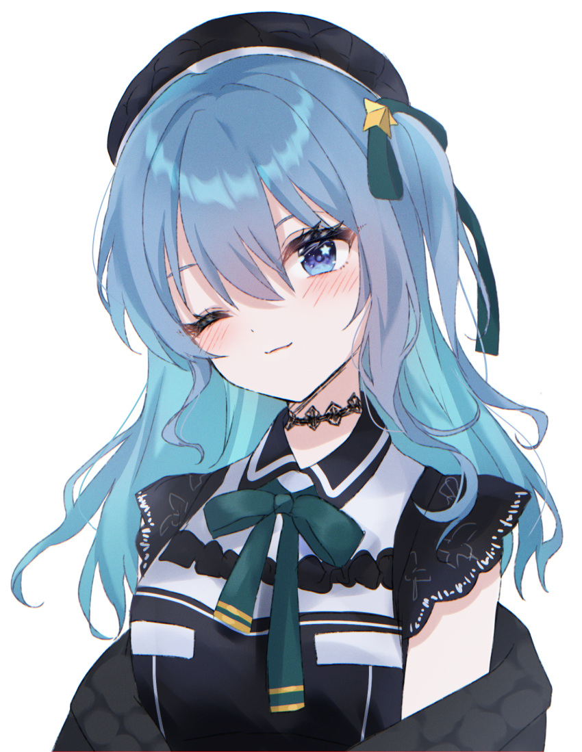 1girl black_choker black_headwear blue_bow blue_eyes blue_hair bow breasts choker eyebrows_behind_hair gradient_hair hair_ornament hat highres hololive hoshimachi_suisei light_blush long_hair looking_at_viewer maguro_(minase1684) medium_breasts multicolored_hair off-shoulder_jacket official_alternate_costume one_eye_closed short_sidetail smile solo star_(symbol) star_hair_ornament virtual_youtuber