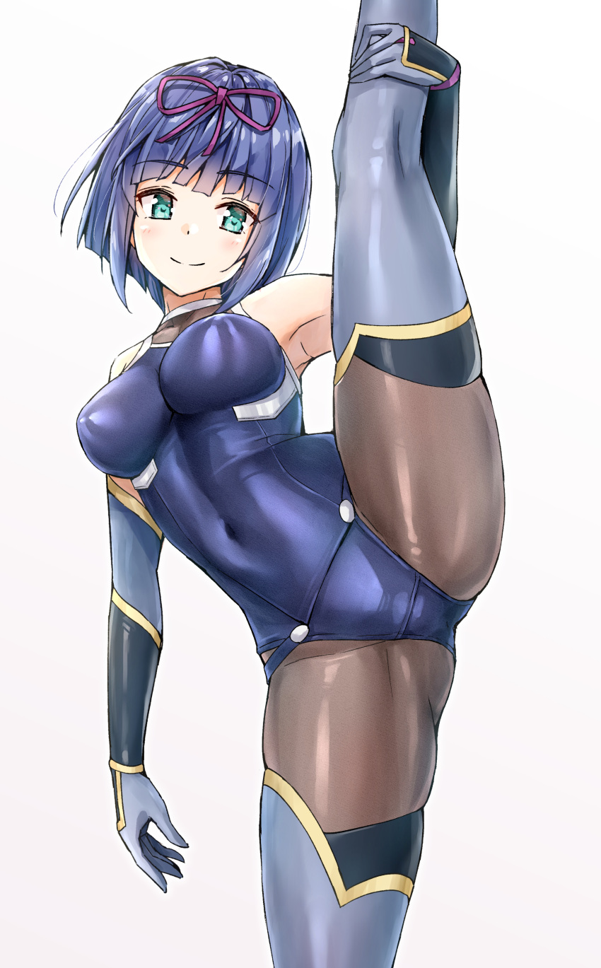1girl absurdres aqua_eyes arm_guards arm_up armpits bangs bare_shoulders blue_hair blue_swimsuit blunt_bangs blush bob_cut breasts brown_legwear closed_mouth competition_school_swimsuit copyright_request covered_navel covered_nipples elbow_gloves eyebrows_visible_through_hair gloves grey_gloves grey_legwear hair_ribbon highres impossible_clothes impossible_swimsuit kotatsu_(kotatsu358) leg_up looking_at_viewer medium_breasts pantyhose purple_ribbon ribbon smile solo spread_legs standing standing_on_one_leg swimsuit thigh-highs