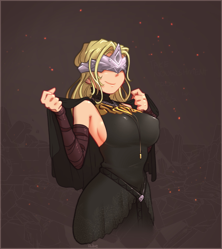 1girl black_dress blindfold blonde_hair breasts brown_background capelet cloak closed_mouth covered_eyes cropped_torso dark_souls_iii detached_sleeves dress embers fire_keeper highres jewelry justrube large_breasts long_hair mask necklace pendant sideboob smile solo souls_(from_software)
