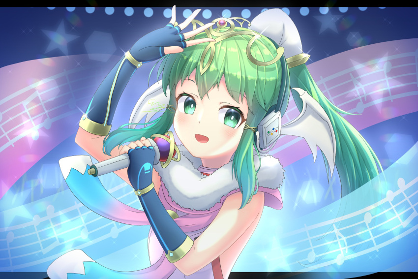 1girl blue_gloves fingerless_gloves fire_emblem fire_emblem:_mystery_of_the_emblem gloves green_eyes green_hair headphones highres holding holding_microphone idol long_hair manakete microphone miragetiki pointy_ears ponytail smile solo staff_(music) tiki_(fire_emblem) tokyo_mirage_sessions_fe upper_body