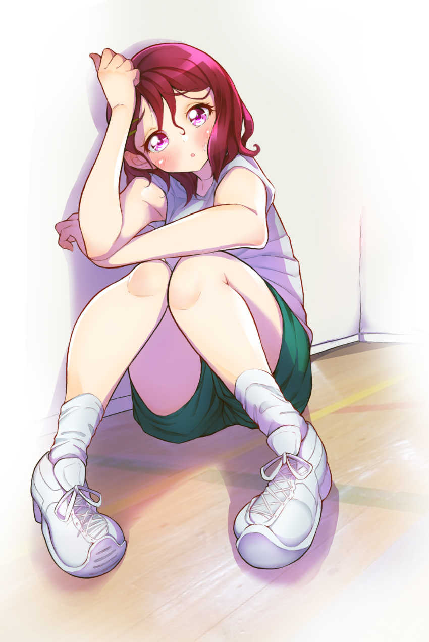 1girl :o arm_rest armpit_peek blush commentary_request foreshortening green_shorts gym gym_shirt gym_shorts gym_uniform hair_ornament hairpin hanadera_nodoka healin'_good_precure highres indoors knee_up knees_together_feet_apart looking_at_viewer open_mouth pink_eyes pink_hair precure rikito1087 shirt shoes short_hair shorts sitting sneakers socks solo sweat thighs white_legwear white_shirt