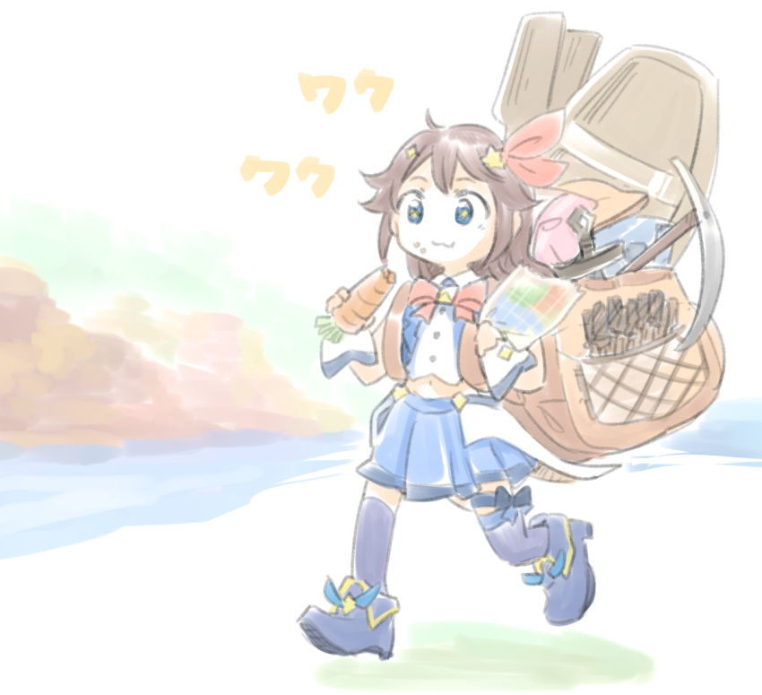 +_+ 1girl backpack bag bangs blue_eyes blue_legwear blue_skirt boat bow bowtie brown_hair carrot commentary_request ds_(ndsl) eating eyebrows_visible_through_hair food food_on_face hair_flaps hair_ornament hair_ribbon holding holding_food holding_map hololive map medium_hair midriff minecraft navel oar pickaxe pleated_skirt red_neckwear ribbon sidelocks skirt solo star_(symbol) star_hair_ornament sword thigh-highs tokino_sora walking watercraft weapon