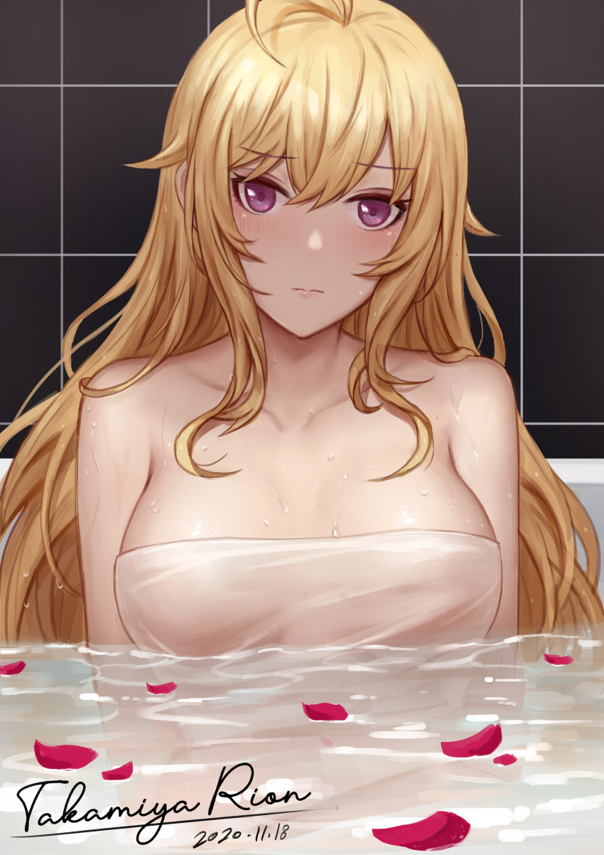 1girl absurdres bangs bare_shoulders bathing bathtub blonde_hair blush breasts character_name closed_mouth collarbone commentary_request dated eyebrows_visible_through_hair highres indoors long_hair looking_at_viewer medium_breasts naked_towel nijisanji partially_submerged petals selcky sidelocks solo takamiya_rion tile_wall tiles towel upper_body violet_eyes virtual_youtuber water