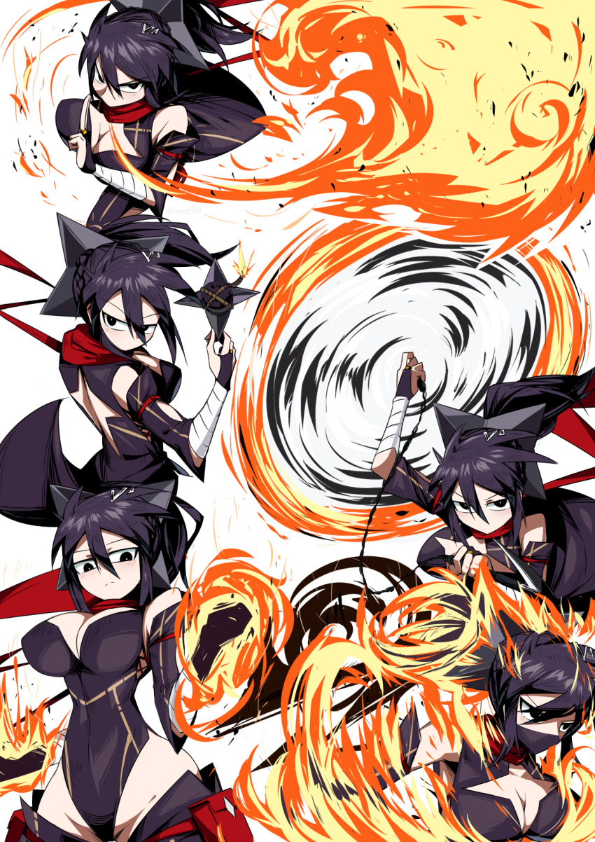 1girl bandaged_arm bandages black_eyes black_hair black_leotard bomb bouncing_breasts breasts breathing_fire detached_sleeves eyebrows_visible_through_hair fiery_hair fire hair_between_eyes highres holding holding_weapon izuzu_maria large_breasts leotard lit_fuse looking_ahead looking_at_viewer looking_down looking_up mask mouth_mask multiple_views ninja original red_scarf scarf shimure_(460) shuriken spinning weapon white_background