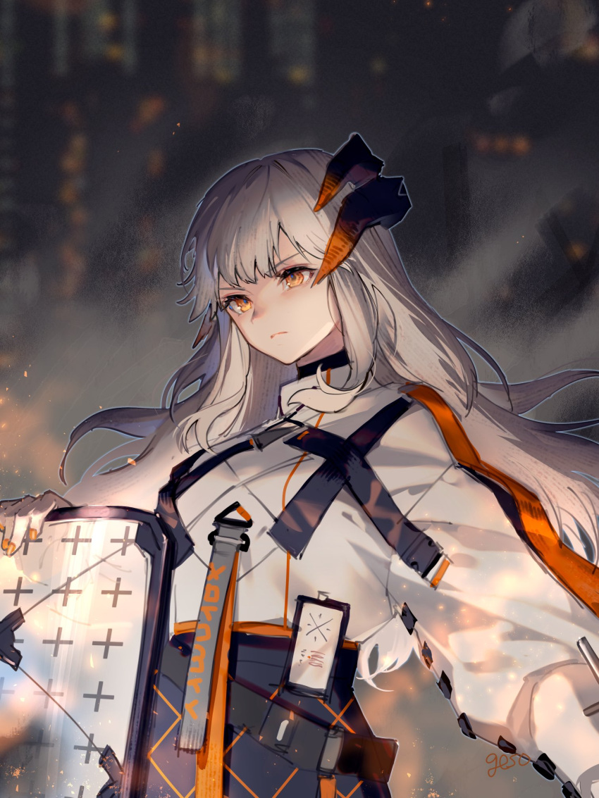 1girl arknights artist_name black_skirt blurry blurry_background breasts closed_mouth coat commentary dragon_horns embers highres horns long_hair long_sleeves medium_breasts nail_polish orange_eyes orange_nails saria_(arknights) shield signature silver_hair skirt solo umiu_geso upper_body white_coat