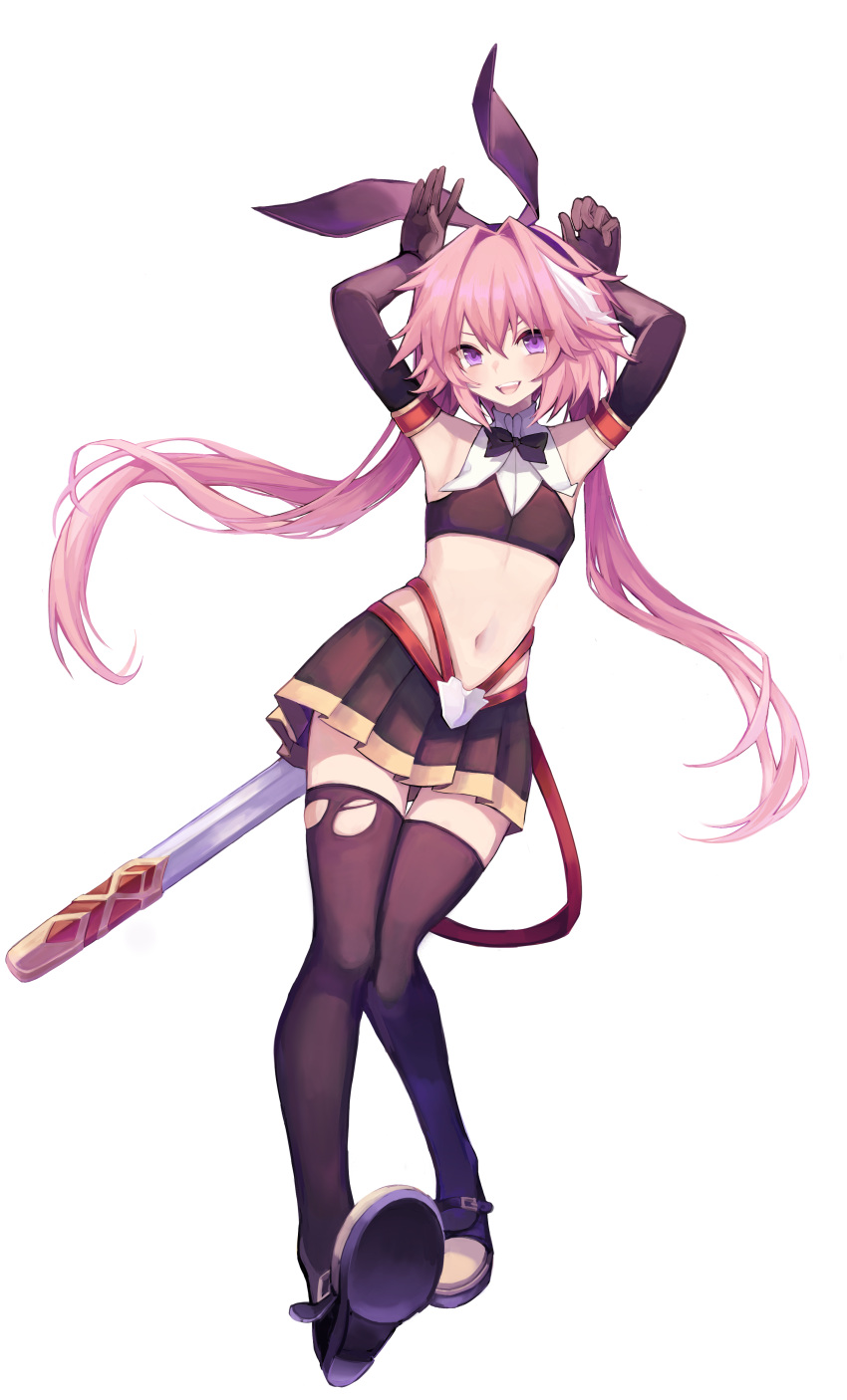 1boy absurdres armpits astolfo_(fate) astolfo_(saber)_(fate) bare_shoulders belt black_bow black_gloves black_legwear black_neckwear black_ribbon black_shirt black_skirt blush bow bowtie crop_top elbow_gloves fate/grand_order fate_(series) full_body gloves hair_intakes highres long_hair long_sleeves looking_at_viewer low_twintails male_focus midriff multicolored_hair navel otoko_no_ko pink_hair pleated_skirt ribbon shirt skirt smile streaked_hair thigh-highs twintails violet_eyes white_hair