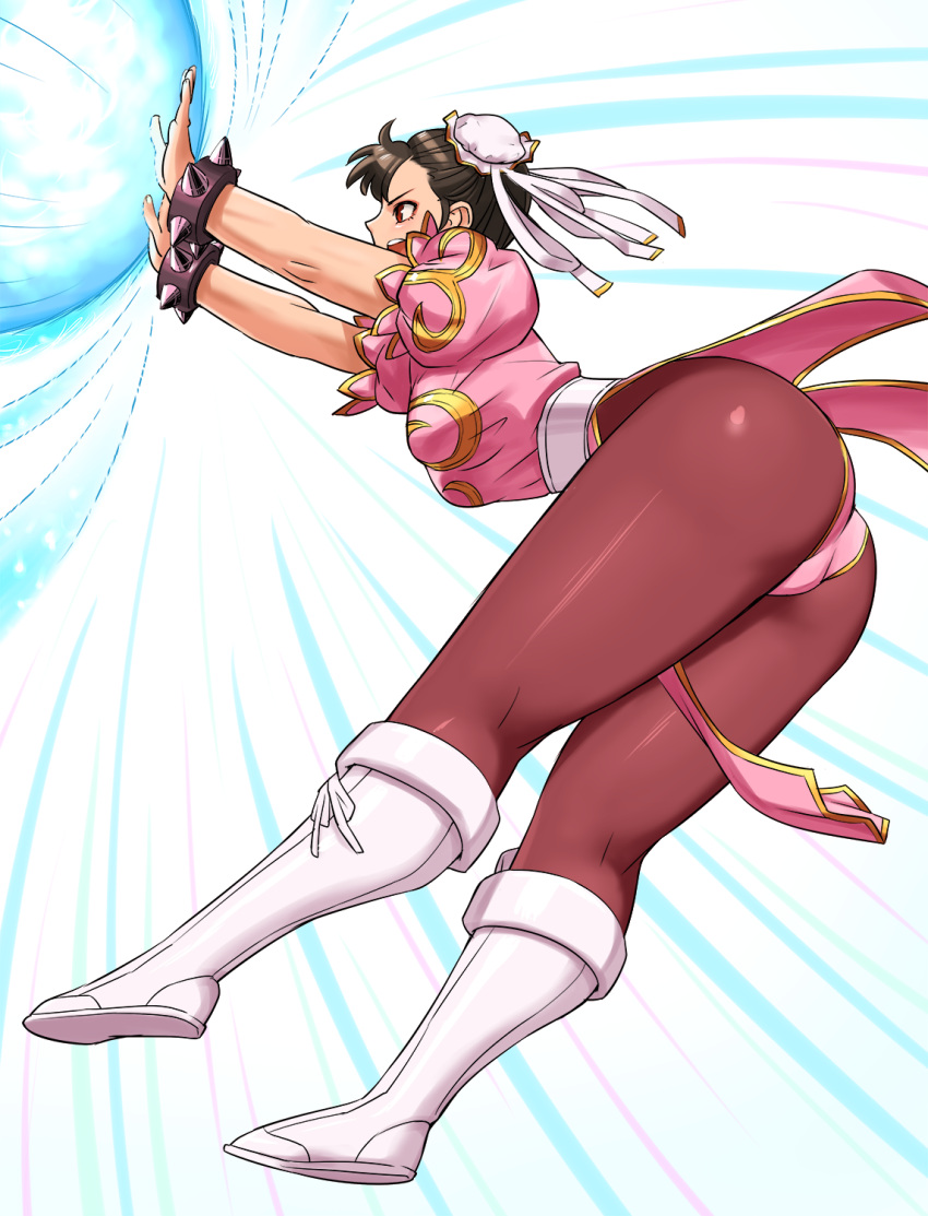 1girl alternate_color ass bangs boots bracelet breasts brown_hair china_dress chinese_clothes chun-li commentary_request double_bun dress full_body hair_ornament highres jewelry kikouken knee_boots medium_breasts open_mouth pantyhose puffy_short_sleeves puffy_sleeves shigenobu shiny shiny_clothes short_sleeves simple_background solo spiked_bracelet spikes street_fighter street_fighter_ii_(series) tied_hair white_background white_footwear