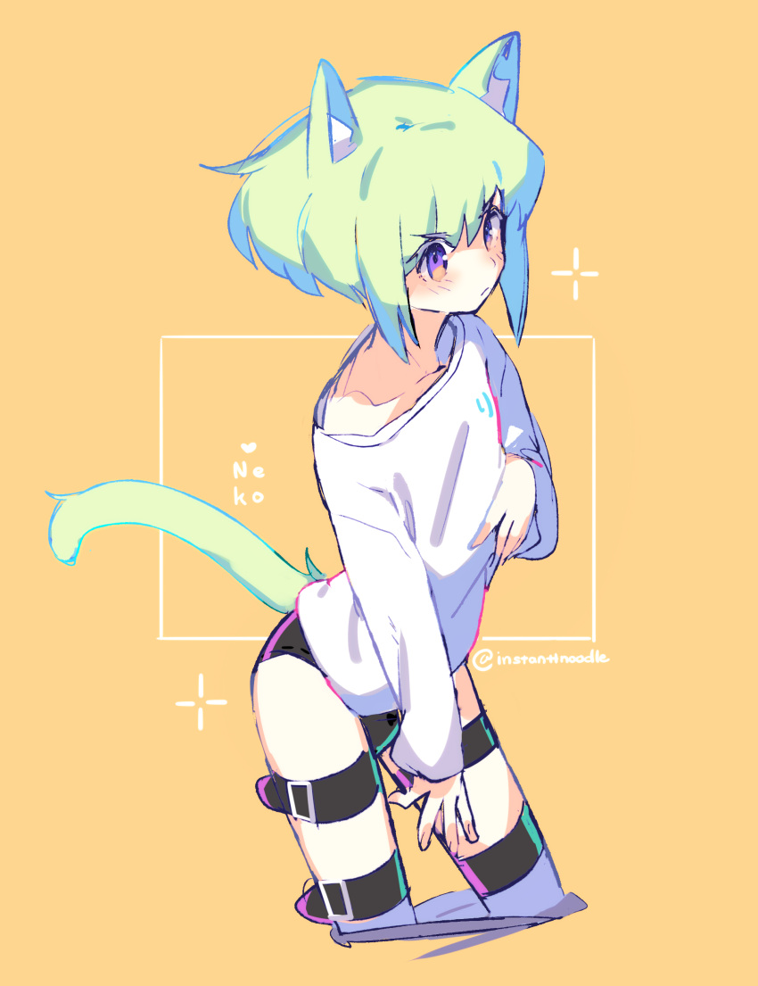 1boy absurdres androgynous animal_ears black_panties blush cat_boy cat_ears cat_tail closed_mouth collarbone green_hair highres instanttnoodle lio_fotia long_sleeves male_focus orange_background panties promare shirt short_hair sidelocks solo tail thigh_strap twitter_username underwear violet_eyes white_shirt