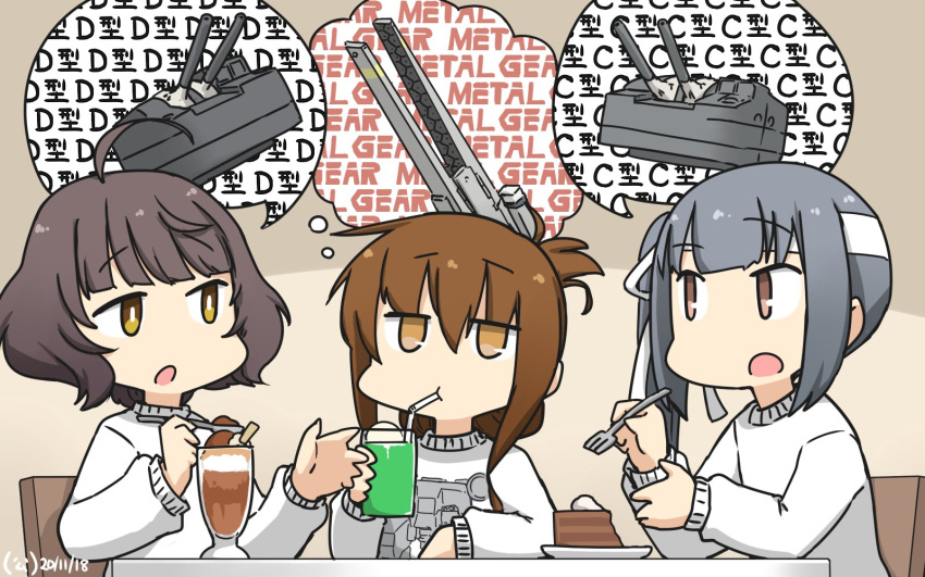 3girls adapted_turret ahoge alternate_costume bangs blunt_bangs brown_eyes brown_hair cake cannon chair commentary_request dated drink drinking_straw folded_ponytail food grey_hair hamu_koutarou headband highres imagining inazuma_(kantai_collection) kantai_collection kasumi_(kantai_collection) kishinami_(kantai_collection) long_hair multiple_girls short_hair side_ponytail sipping sitting sweater table turret upper_body wavy_hair white_headband white_sweater