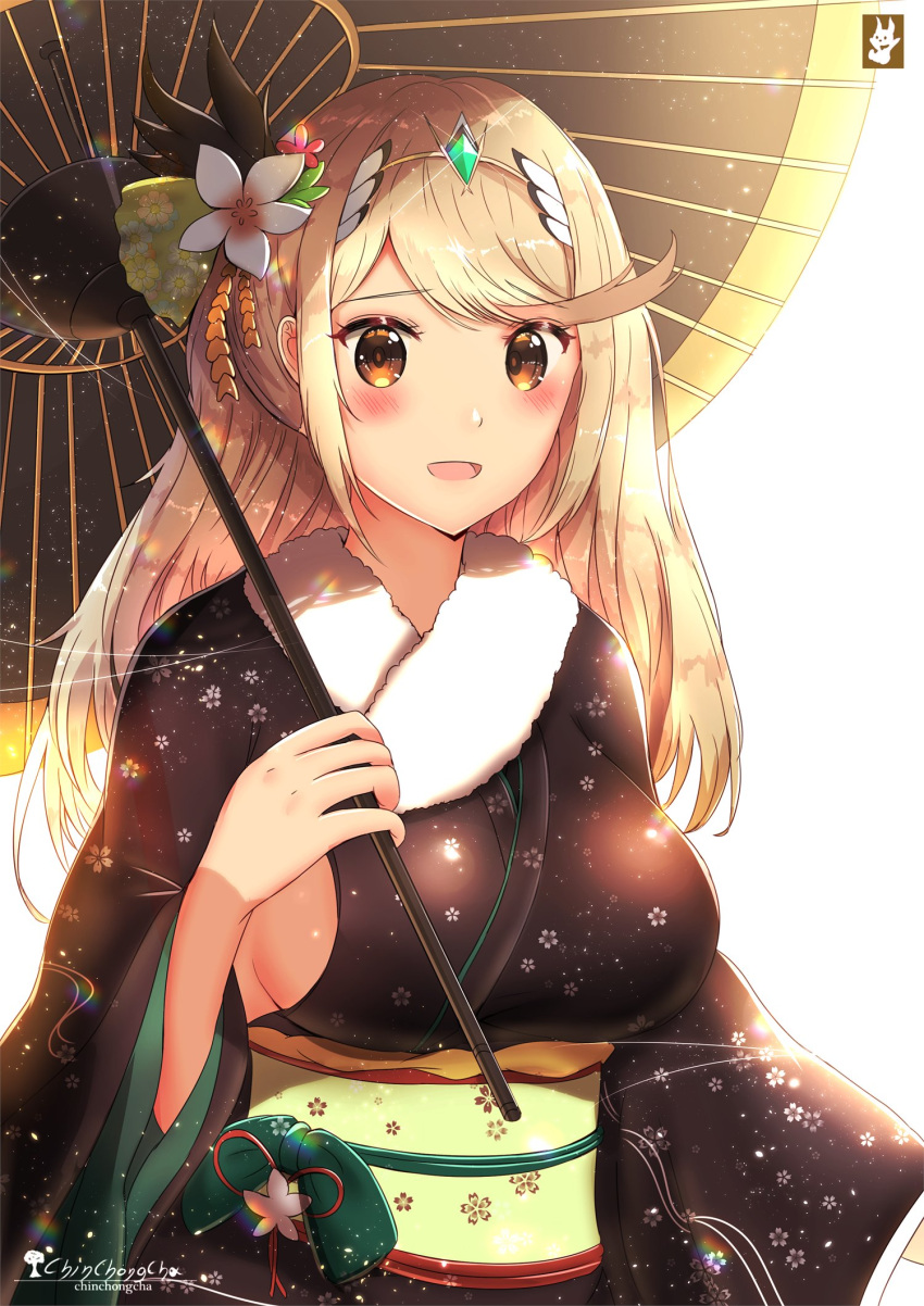 1girl alternate_costume artist_name blonde_hair blush breasts chinchongcha flower highres holding holding_umbrella japanese_clothes kimono large_breasts long_hair looking_at_viewer mythra_(xenoblade) new_year sideboob smile solo umbrella xenoblade_chronicles_(series) xenoblade_chronicles_2 yellow_eyes