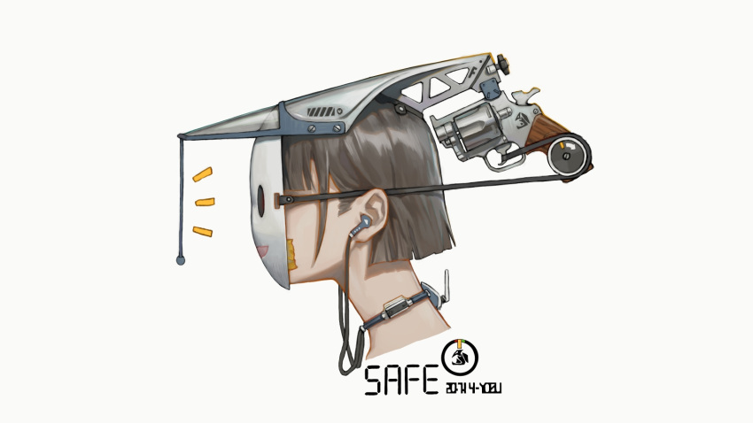 1girl bangs brown_hair earphones earphones english_text face gag grey_background gun handgun headgear highres improvised_gag mask original pistol short_hair simple_background solo tape tape_gag weapon youzu_(youzuyozu)