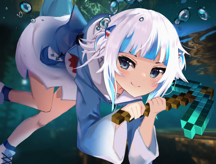 1girl absurdres blue_eyes blue_hair dayshiart diamond_pickaxe english_commentary fish_tail floating gawr_gura highres holding_pickaxe hololive hololive_english hood hoodie light_blush looking_to_the_side minecraft multicolored_hair shark_fin shark_tail smile solo streaked_hair tail two_side_up underwater virtual_youtuber white_hair