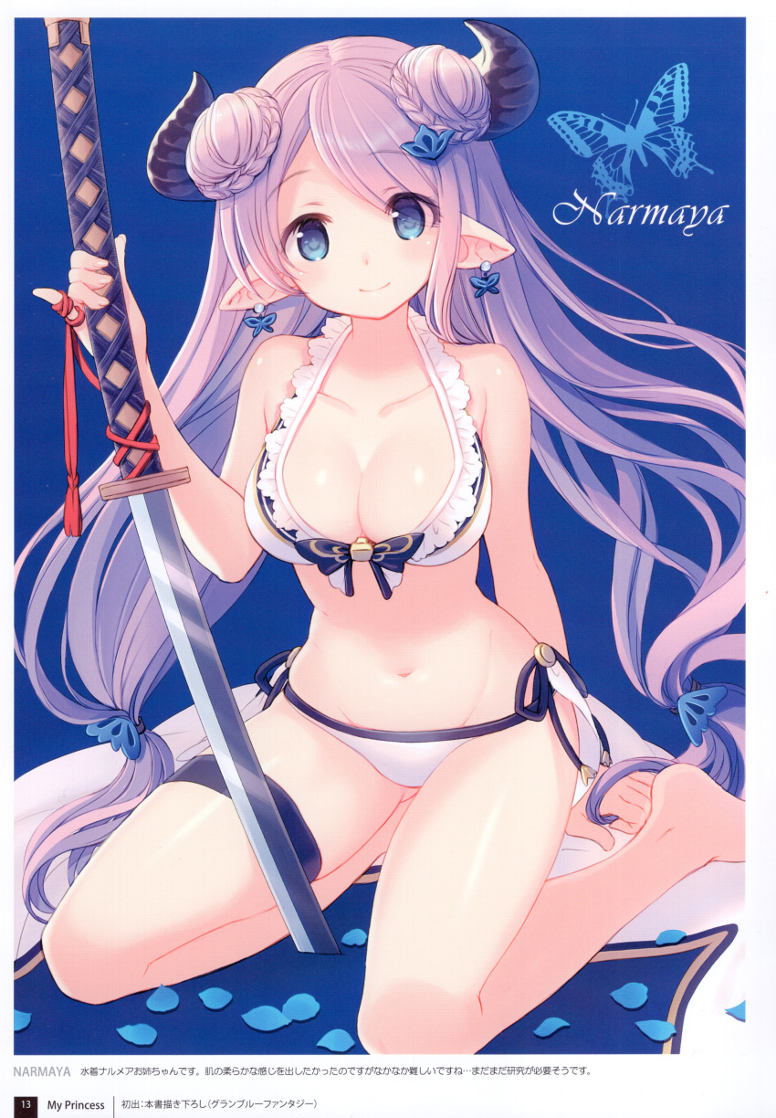 1girl absurdres bangs bikini draph granblue_fantasy highres holding horns long_hair looking_at_viewer narmaya_(granblue_fantasy) page_number pointy_ears scan simple_background smile solo swimsuit sword weapon yashiro_seika