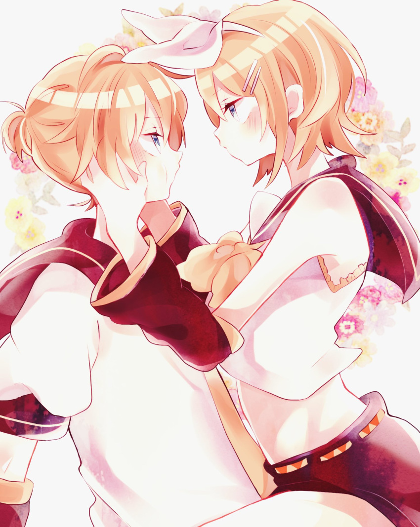 1boy 1girl arm_warmers bangs bare_shoulders black_collar black_shorts blonde_hair blue_eyes bow collar commentary crop_top floral_background from_side hair_bow hair_ornament hairclip hands_on_another's_face highres kagamine_len kagamine_rin looking_at_another maca1227 neckerchief necktie sailor_collar school_uniform shirt short_hair short_ponytail short_shorts short_sleeves shorts sitting sitting_on_lap sitting_on_person sleeveless sleeveless_shirt spiky_hair swept_bangs upper_body vocaloid white_bow white_shirt yellow_neckwear