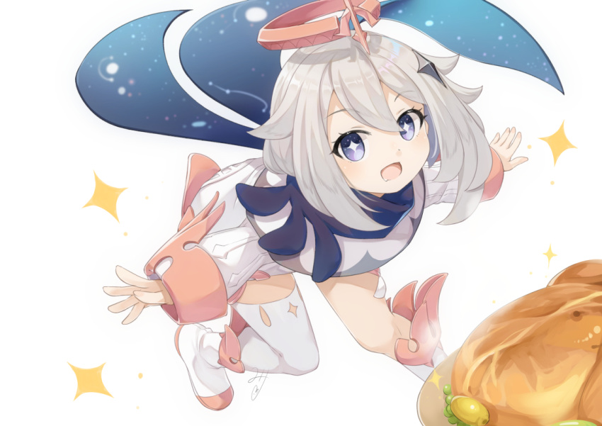 +_+ 1girl :d bangs black_scarf blue_eyes blush bright_pupils chicken_(food) commentary_request constellation dress eyebrows_visible_through_hair fairy floating food full_body genshin_impact hair_between_eyes hair_ornament halo leaning_forward long_sleeves looking_at_viewer miri_(ago550421) mouth_drool open_mouth outstretched_arms paimon_(genshin_impact) scarf shadow short_hair sidelocks simple_background single_thighhigh smile solo sparkle steam thigh-highs thighhighs_under_boots white_background white_dress white_footwear white_hair white_legwear