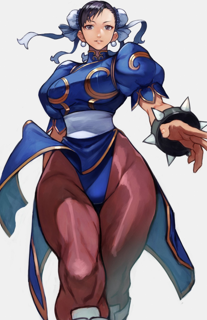 1girl blue_dress bracelet breasts brown_eyes brown_hair brown_legwear bun_cover china_dress chinese_clothes chun-li double_bun dress duplicate earrings eyebrows eyeshadow fighting_stance highres jewelry large_breasts lips looking_at_viewer makeup open_mouth pantyhose puffy_short_sleeves puffy_sleeves sash short_sleeves simple_background smile solo spiked_bracelet spikes standing street_fighter yoshio_(55level)