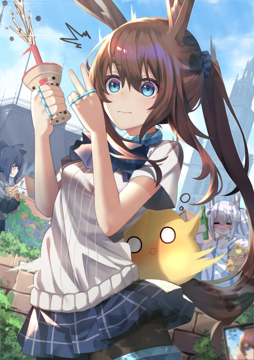 3girls :d =_= amiya_(arknights) animal_ears arknights ashisi azur_lane bangs black_legwear blue_eyes blue_skirt blue_sky brown_hair bubble_tea closed_eyes clouds commentary_request cowboy_shot cup day drinking_straw hands_up highres holding holding_cup jessica_(arknights) jewelry laffey_(azur_lane) long_hair long_ponytail manjuu_(azur_lane) miniskirt multiple_girls neck_ring o_o open_mouth outdoors pantyhose pleated_skirt ponytail rabbit_ears revision shirt short_sleeves silver_hair skirt sky smile standing thighlet twintails v white_shirt