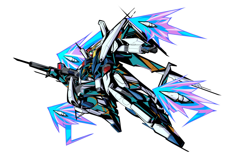 absurdres blue_eyes english_commentary flying funnels gun gundam gundam_extreme_vs._2 gundam_hathaway's_flash gylmyr highres holding holding_gun holding_weapon looking_ahead mecha no_humans open_hand science_fiction solo v-fin weapon white_background xi_gundam