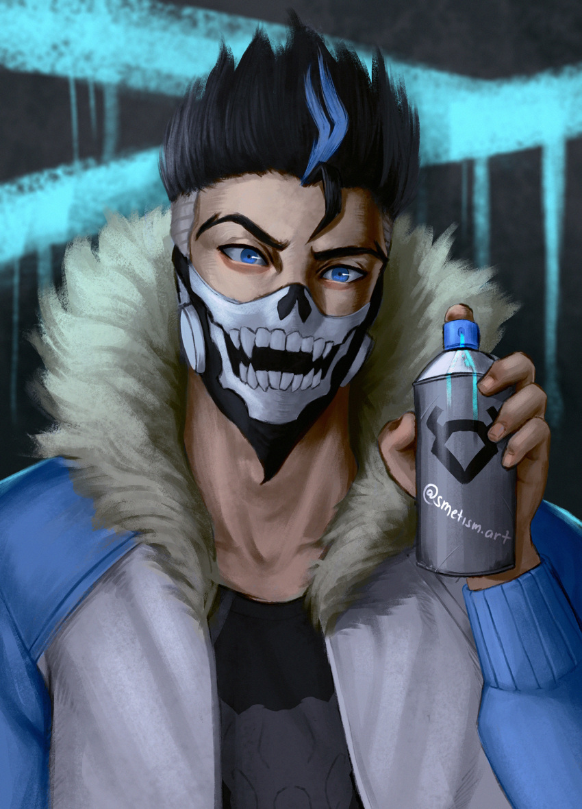 1boy artist_name black_hair blue_eyes blue_hair bruno_bangnyfe burn_the_witch coat fur_trim highres looking_at_viewer male_focus mask multicolored_hair smetism solo spiky_hair spray_can spray_paint two-tone_hair upper_body