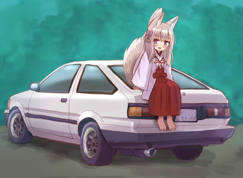 1girl :d animal_ear_fluff animal_ears bangs barefoot blush car commentary_request eyebrows_visible_through_hair fox_ears fox_girl fox_tail grey_hair ground_vehicle hair_between_eyes hair_ornament hakama highres iroha_(iroha_matsurika) japanese_clothes kimono long_hair long_sleeves looking_at_viewer miko motor_vehicle on_vehicle open_clothes open_mouth original red_hakama sitting sleeves_past_wrists smile solo tail tail_raised toyota_sprinter_trueno very_long_hair violet_eyes white_hair white_kimono wide_sleeves