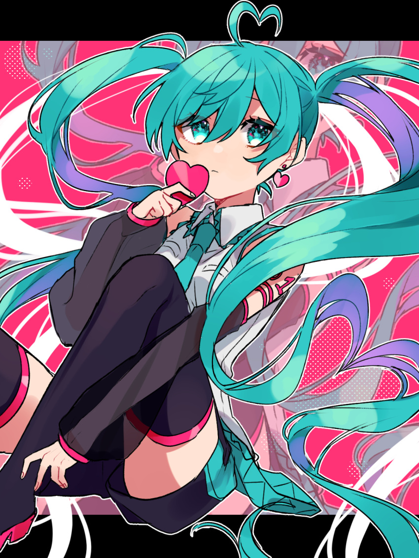 1girl absurdly_long_hair ahoge aqua_eyes aqua_hair aqua_neckwear bare_shoulders black_legwear black_shorts black_sleeves cha_sakura commentary detached_sleeves earrings expressionless hatsune_miku heart heart_ahoge heart_earrings highres holding holding_heart jewelry knees_up long_hair looking_at_viewer necktie pink_background shirt shorts shoulder_tattoo sitting sleeveless sleeveless_shirt tattoo thigh-highs twintails very_long_hair vocaloid white_shirt zettai_ryouiki zoom_layer