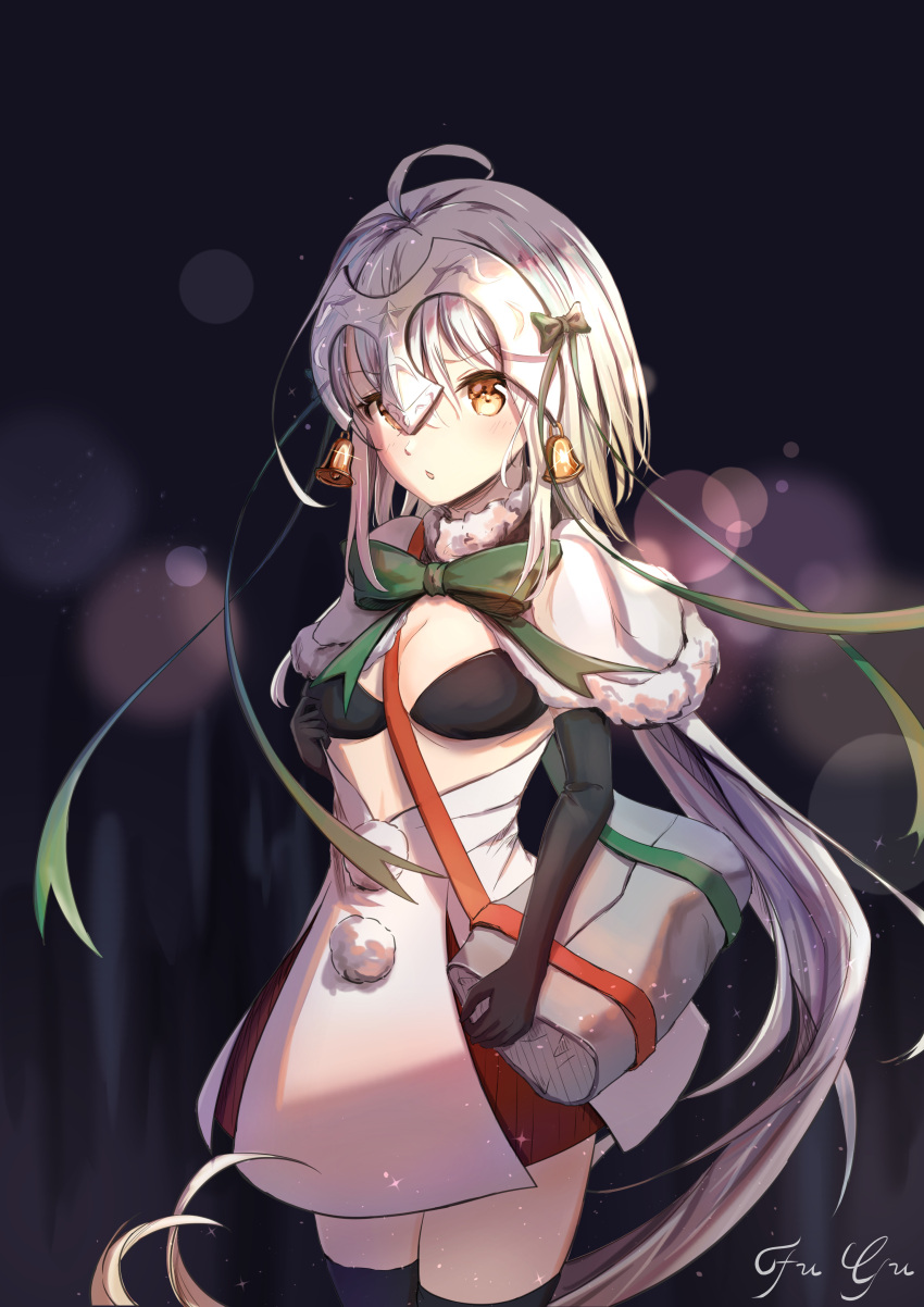 1girl absurdres ahoge bag bell black_background black_bra black_gloves black_legwear bow bowtie bra capelet cowboy_shot dress elbow_gloves fate/grand_order fate_(series) gloves green_bow green_ribbon headpiece highres jeanne_d'arc_(fate)_(all) jeanne_d'arc_alter_santa_lily long_hair looking_at_viewer miaodun_nyasu ribbon solo standing thigh-highs underwear white_capelet white_dress white_hair yellow_eyes