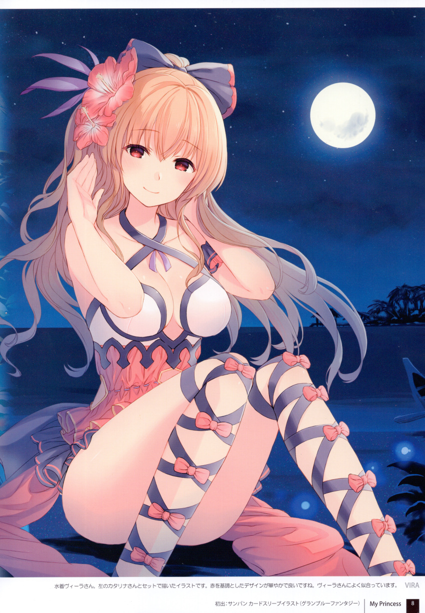 1girl absurdres bangs bare_shoulders bikini bow closed_mouth collarbone eyebrows_visible_through_hair flower full_moon granblue_fantasy hair_bow hair_flower hair_ornament hibiscus highres long_hair looking_at_viewer moon night night_sky orange_hair red_eyes sky smile solo star_(sky) starry_sky swimsuit tied_hair vira_lilie yashiro_seika