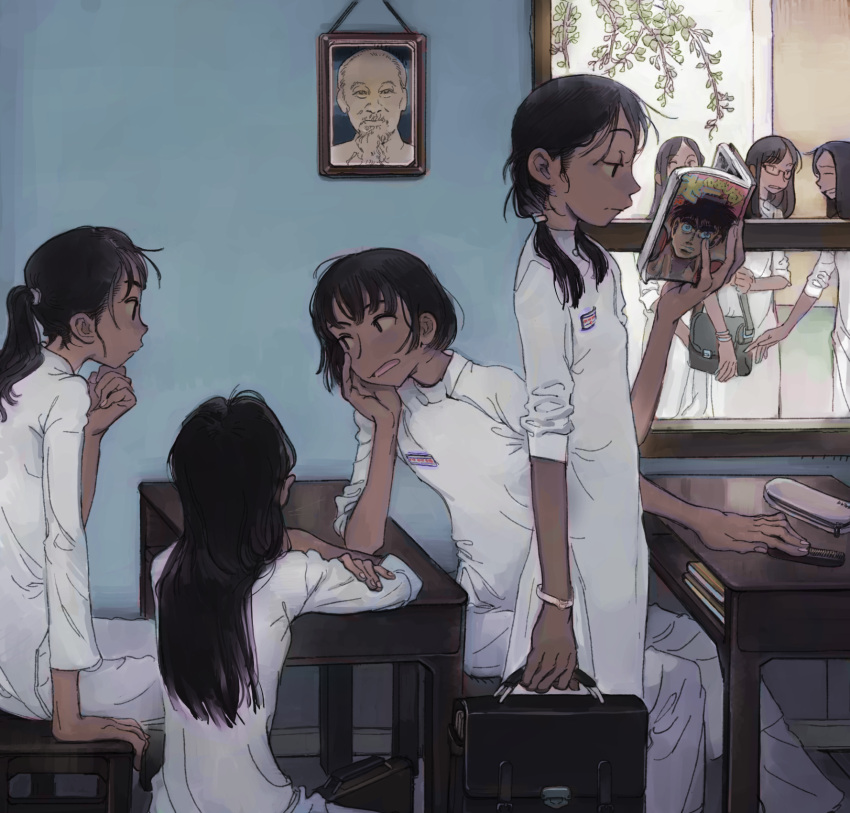 6+girls black_hair book briefcase classroom comb dark_skin desk dress highres ho_chi_minh holding holding_book indoors long_hair multiple_girls original pencil_case ponytail reading school_desk season_(artist) short_hair twintails vietnam vietnamese_dress white_dress