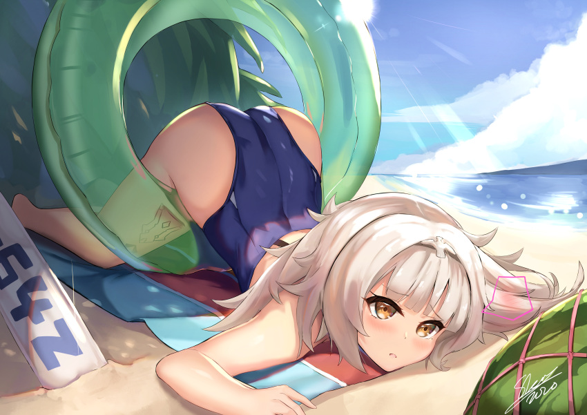 1girl absurdres azur_lane bangs bare_shoulders beach beach_towel blue_swimsuit blunt_bangs closed_mouth competition_swimsuit eyebrows_visible_through_hair food fruit highres innertube light_rays long_hair looking_at_viewer lying mole mole_under_eye on_stomach one-piece_swimsuit revision sand sidelocks signature silver_hair skai_kun solo speech_bubble sun sunbeam sunlight swimsuit top-down_bottom-up towel very_long_hair water watermelon yellow_eyes z46_(azur_lane) z46_(first_summer)_(azur_lane)