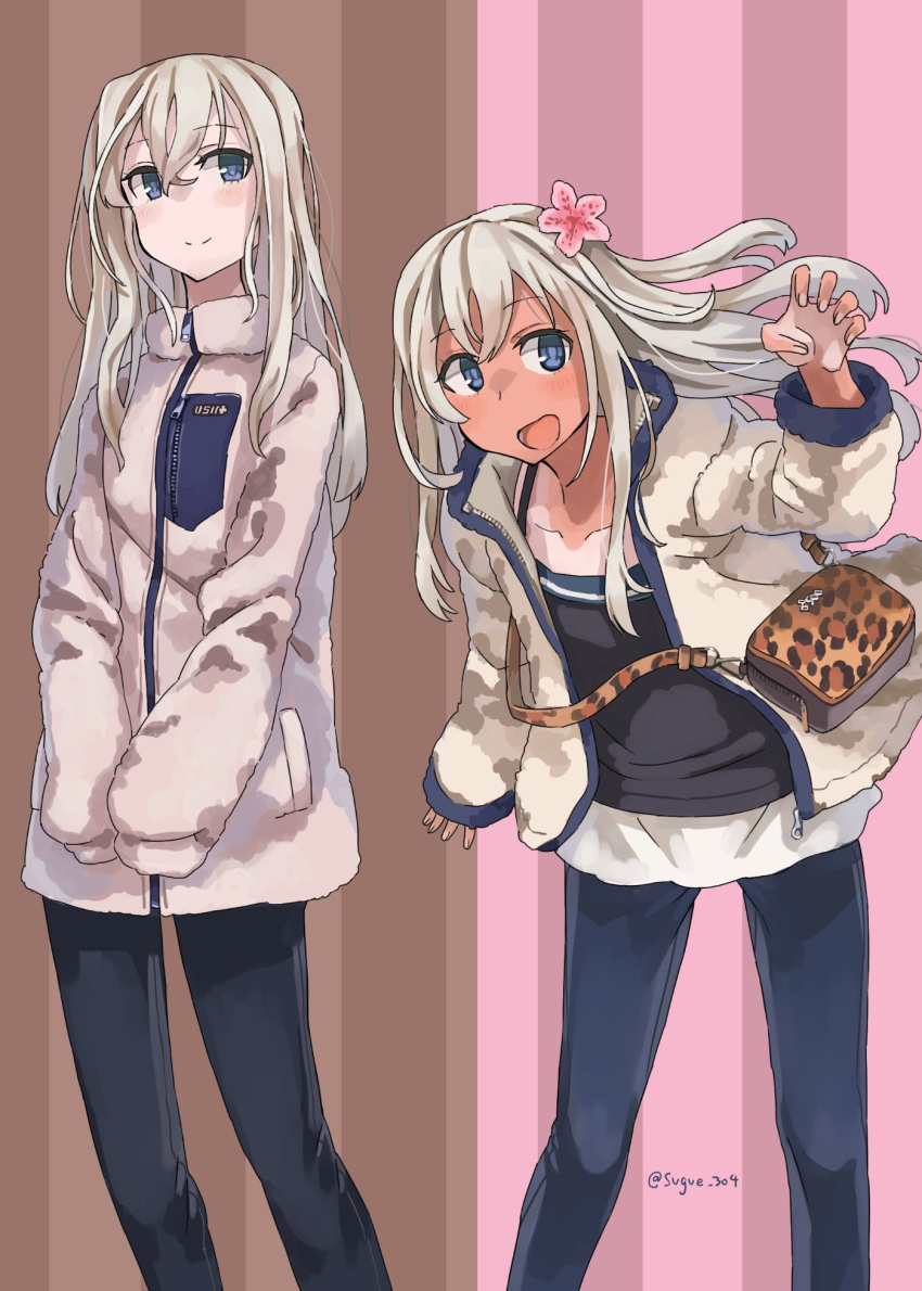 2girls alternate_costume animal_print bag black_pants blonde_hair blue_eyes brown_background denim dual_persona flower fur_jacket hair_flower hair_ornament highres jacket jeans kantai_collection leaning_forward leopard_print long_hair looking_at_viewer multiple_girls one-piece_tan open_clothes open_jacket pants pink_background ro-500_(kantai_collection) standing striped striped_background sugue_tettou tan tanline twitter_username white_jacket