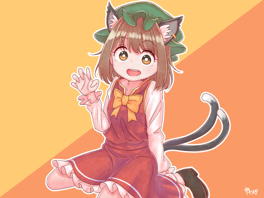 1girl :d animal_ear_fluff animal_ears artist_name black_footwear bow bowtie breasts bright_pupils brown_eyes brown_hair cat_ears cat_tail chen claw_pose collarbone eyebrows_visible_through_hair fang gold_trim green_headwear hat highres jewelry long_sleeves looking_at_viewer medium_hair mob_cap multiple_tails nekomata open_mouth orange_background red_shirt red_skirt shirt simple_background single_earring sitting skirt small_breasts smile solo tail touhou two-tone_background two_tails wariza yellow_background yellow_bow yellow_neckwear zanasta0810