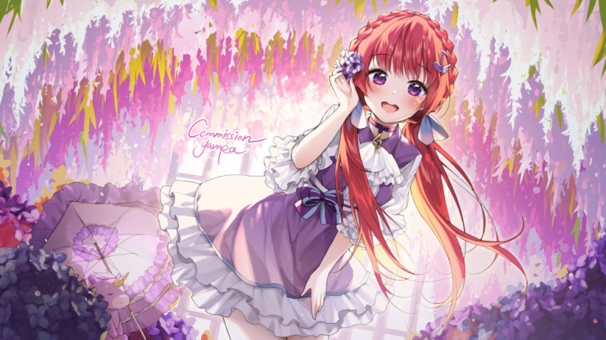 1girl alpha_(ypalpha79) blush commission dress flower frilled_dress frills hair_flower hair_ornament hair_ribbon hydrangea low_twintails musical_note musical_note_hair_ornament open_mouth original redhead ribbon twintails umbrella violet_eyes wisteria