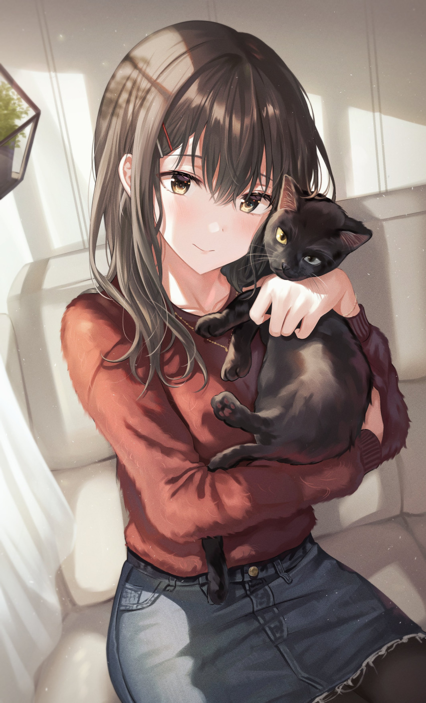 1girl absurdres animal black_cat black_legwear blue_skirt blush brown_eyes brown_hair cat closed_mouth couch denim denim_skirt highres holding holding_animal holding_cat indoors long_hair long_sleeves looking_at_viewer original pantyhose red_sweater sitting skirt smile solo sweater tokkyu