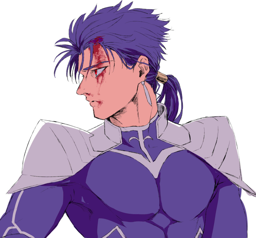 1boy armor beads biceps blood blood_on_face blue_hair cu_chulainn_(fate)_(all) earrings fate/stay_night fate_(series) hair_beads hair_ornament highres jewelry lancer long_hair looking_to_the_side male_focus muscle pauldrons ponytail red_eyes shoulder_armor simple_background skin_tight solo spiky_hair tikarawaza type-moon white_background