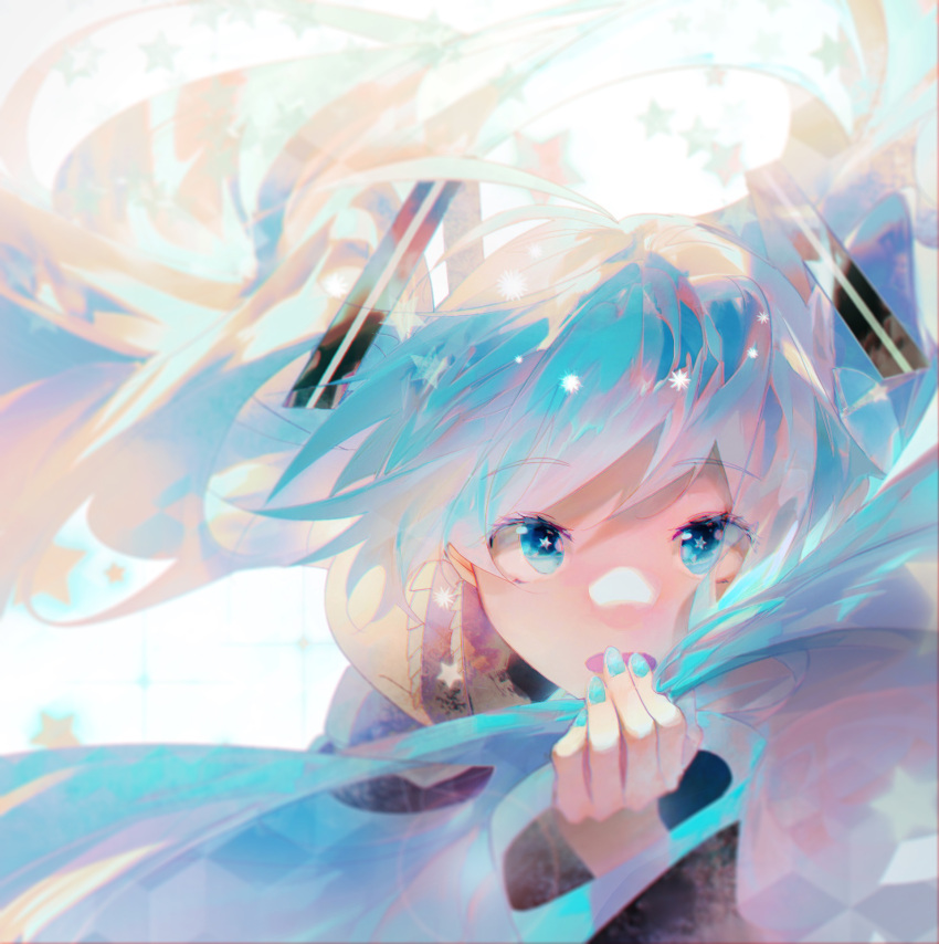 1girl bare_shoulders blue_eyes blue_hair blue_nails blue_theme blurry blurry_background commentary_request dango_(pixiv10520636) expressionless eyebrows_visible_through_hair eyes_visible_through_hair fingernails floating_hair grey_shirt hand_on_own_face hand_to_own_mouth hand_up hatsune_miku highres leaning leaning_forward long_hair long_sleeves looking_at_viewer messy_hair multicolored_hair open_mouth shaded_face shiny shiny_hair shirt simple_background solo sparkle star-shaped_pupils star_(symbol) starry_background symbol-shaped_pupils tareme twintails very_long_hair vocaloid white_background wide_sleeves