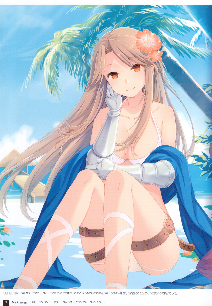 1girl absurdres bangs bikini blue_sky breasts clouds cloudy_sky day granblue_fantasy highres katalina_aryze long_hair looking_at_viewer medium_breasts outdoors page_number scan simple_background sitting sky smile solo swimsuit yashiro_seika