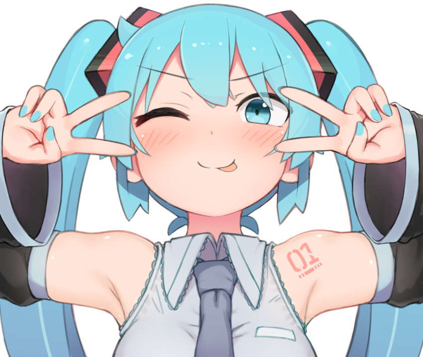 1girl :p abmayo aqua_eyes aqua_hair armpits bare_shoulders black_sleeves blue_neckwear blush commentary_request detached_sleeves double_v emotional_engine_-_full_drive fate/grand_order fate_(series) grey_shirt hair_ornament hands_up hatsune_miku highres long_hair looking_at_viewer necktie shirt shoulder_tattoo simple_background sleeveless sleeveless_shirt smile solo sparkle sweat tattoo tongue tongue_out twintails upper_body v v-shaped_eyebrows vocaloid white_background