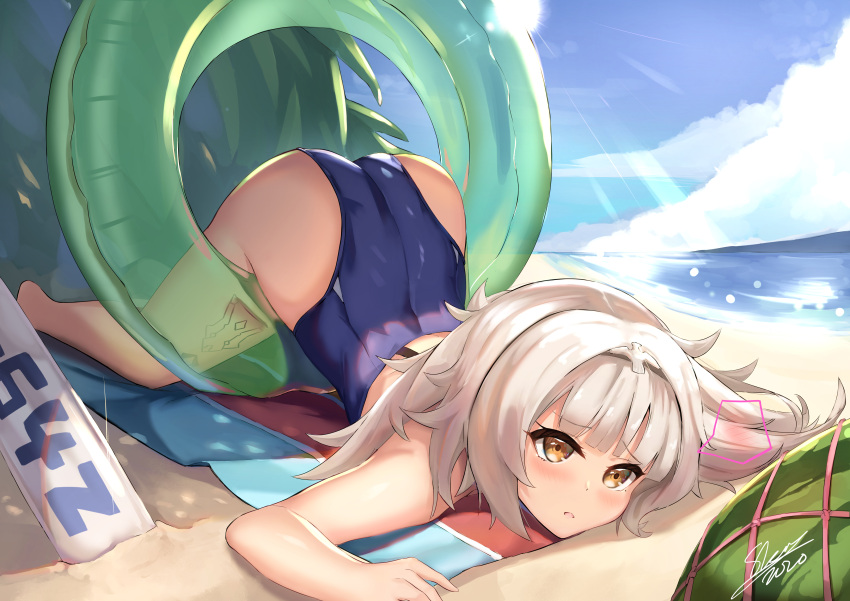 1girl absurdres azur_lane bangs bare_shoulders beach beach_towel blue_swimsuit blunt_bangs closed_mouth competition_swimsuit eyebrows_visible_through_hair food fruit highres innertube light_rays long_hair looking_at_viewer lying mole mole_under_eye on_stomach one-piece_swimsuit sand sidelocks signature silver_hair skai_kun solo sun sunbeam sunlight swimsuit top-down_bottom-up towel very_long_hair water watermelon yellow_eyes z46_(azur_lane) z46_(first_summer)_(azur_lane)