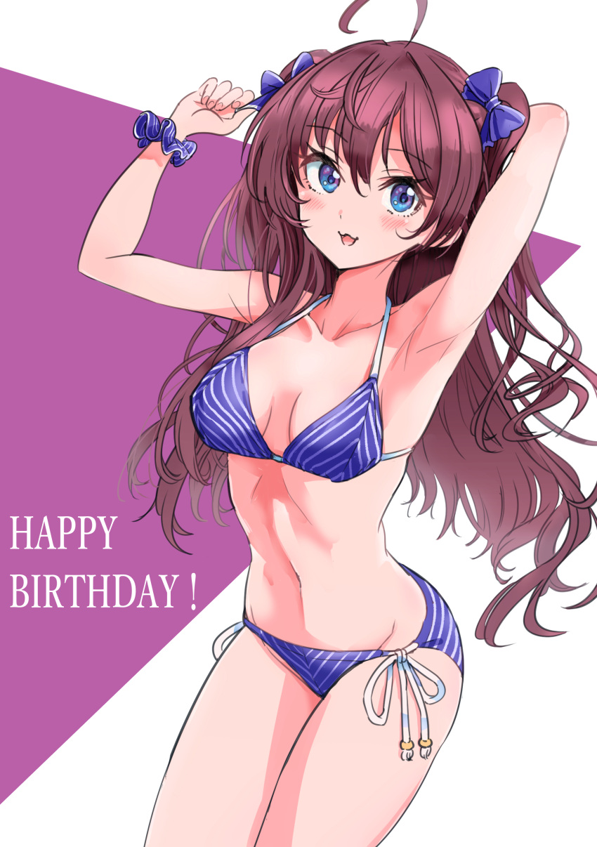 1girl :3 absurdres ahoge arm_behind_head arms_up bangs bikini birthday blue_bikini blue_bow blue_eyes blue_scrunchie bow breasts brown_hair cowboy_shot diagonal-striped_bikini diagonal_stripes english_text hair_bow happy_birthday highres ichinose_shiki idolmaster idolmaster_cinderella_girls looking_at_viewer medium_breasts navel open_mouth pizzasi scrunchie side-tie_bikini smile solo standing striped swimsuit two_side_up wrist_scrunchie