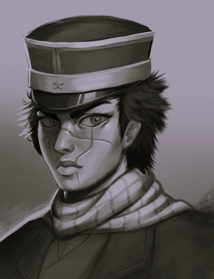 1boy absurdres black_hair facial_scar golden_kamuy greyscale hat highres looking_at_viewer male_focus military military_hat military_uniform monochrome portrait scar scarf smetism solo sugimoto_saichi uniform